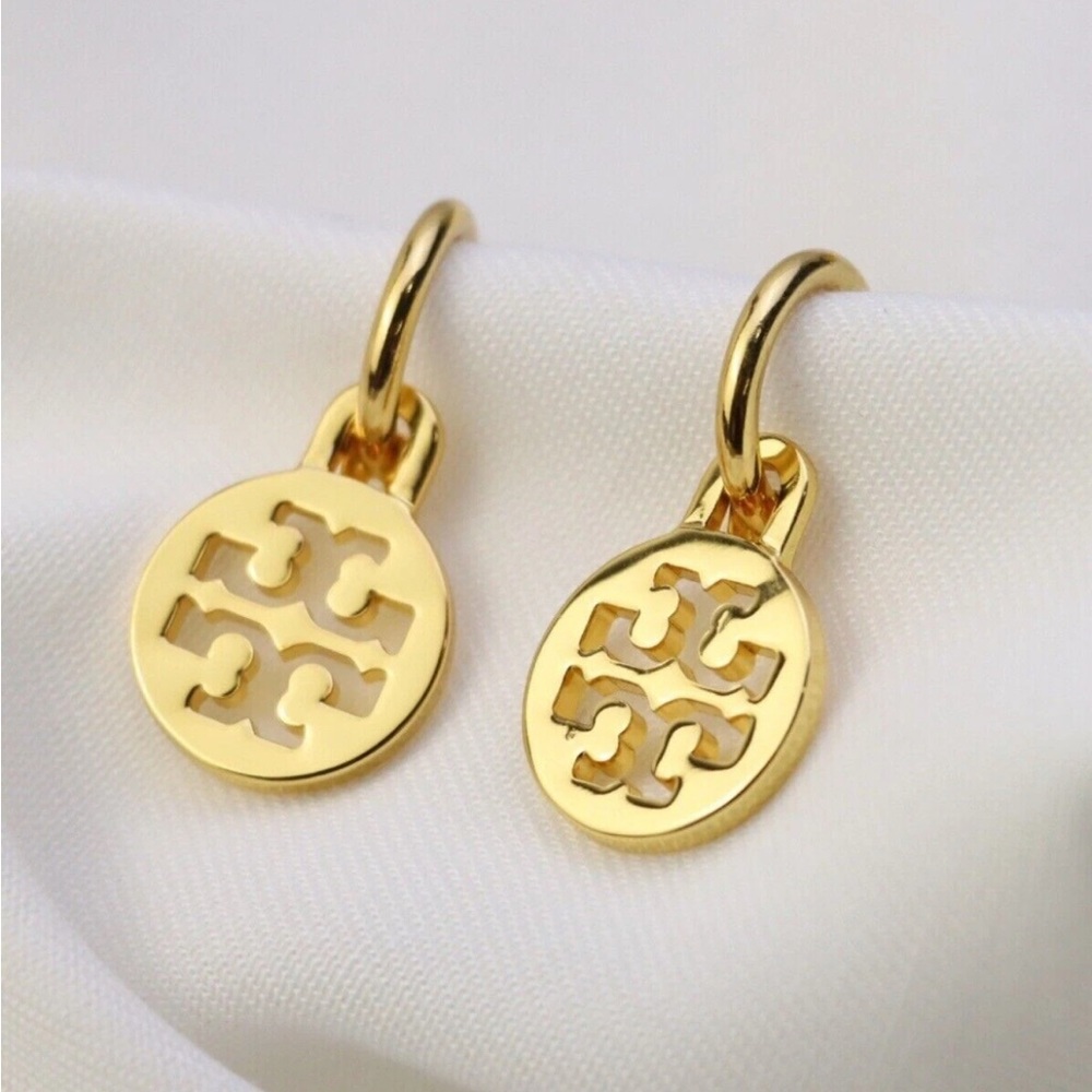 Tory Burch Gold Emblem Drop Earrings - Picture 2 of 4